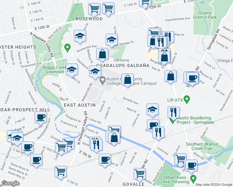 map of restaurants, bars, coffee shops, grocery stores, and more near 3000 Govalle Avenue in Austin