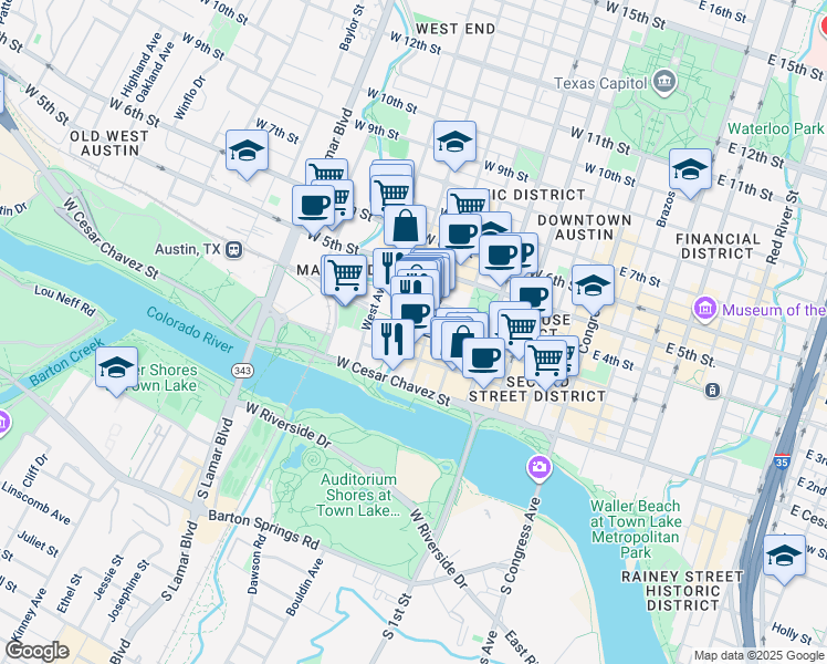 map of restaurants, bars, coffee shops, grocery stores, and more near 310 Nueces Street in Austin