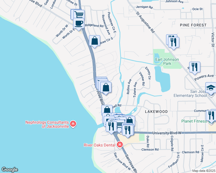 map of restaurants, bars, coffee shops, grocery stores, and more near 1542 Arcadia Drive in Jacksonville
