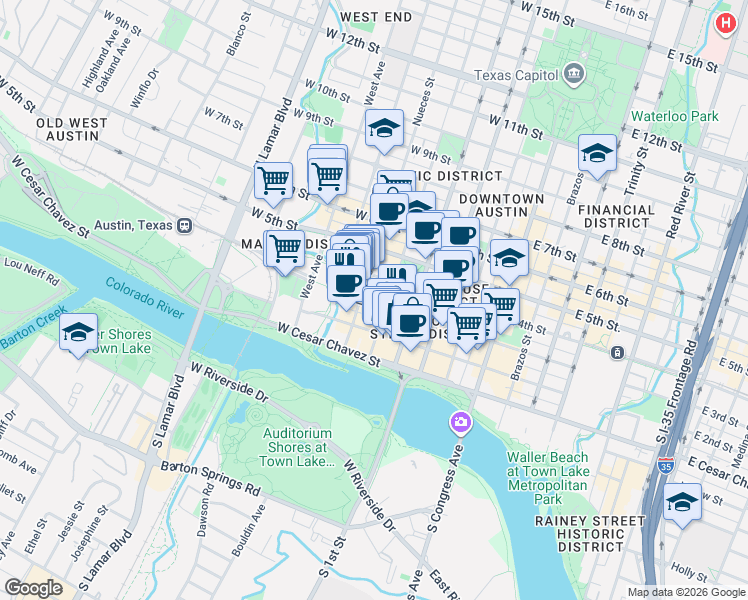 map of restaurants, bars, coffee shops, grocery stores, and more near 508 1/2 West 3rd Street in Austin
