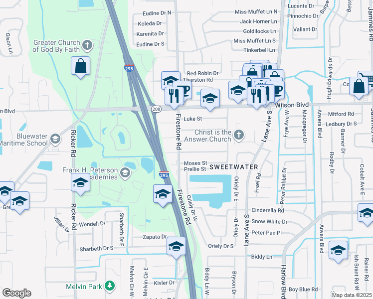 map of restaurants, bars, coffee shops, grocery stores, and more near 7165 Esther Street in Jacksonville