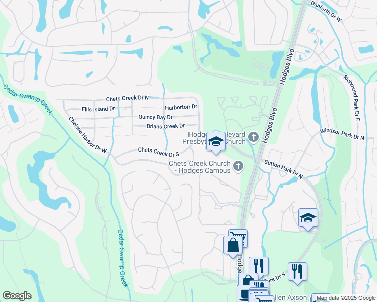 map of restaurants, bars, coffee shops, grocery stores, and more near 13090 Rogers Island Drive East in Jacksonville