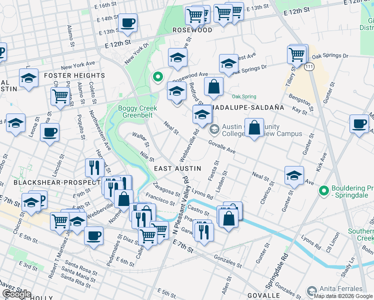 map of restaurants, bars, coffee shops, grocery stores, and more near 3008 Webberville Road in Austin