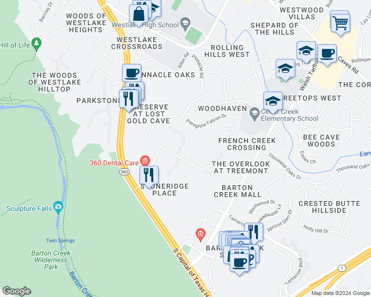 map of restaurants, bars, coffee shops, grocery stores, and more near 2009 Cueva de Oro Cove in Austin