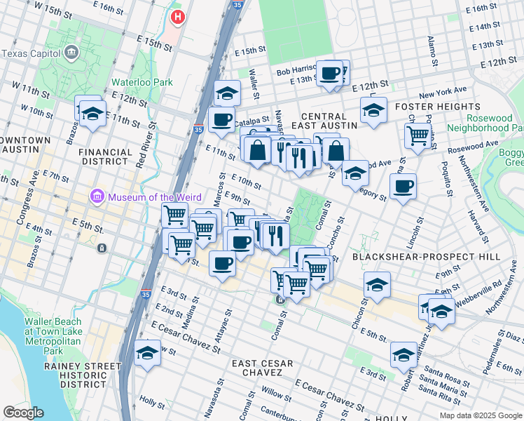 map of restaurants, bars, coffee shops, grocery stores, and more near 1113 East 9th Street in Austin