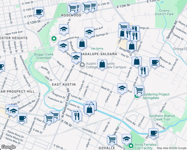 map of restaurants, bars, coffee shops, grocery stores, and more near 3000 Govalle Avenue in Austin