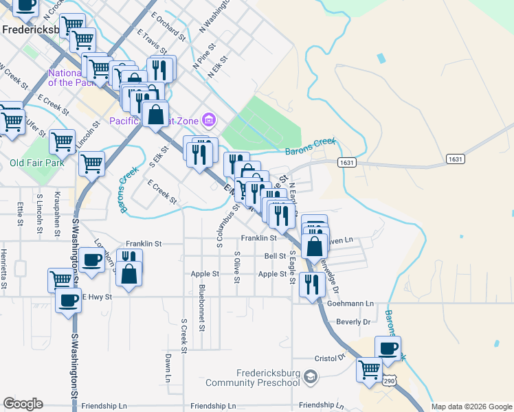 map of restaurants, bars, coffee shops, grocery stores, and more near 710 East Main Street in Fredericksburg