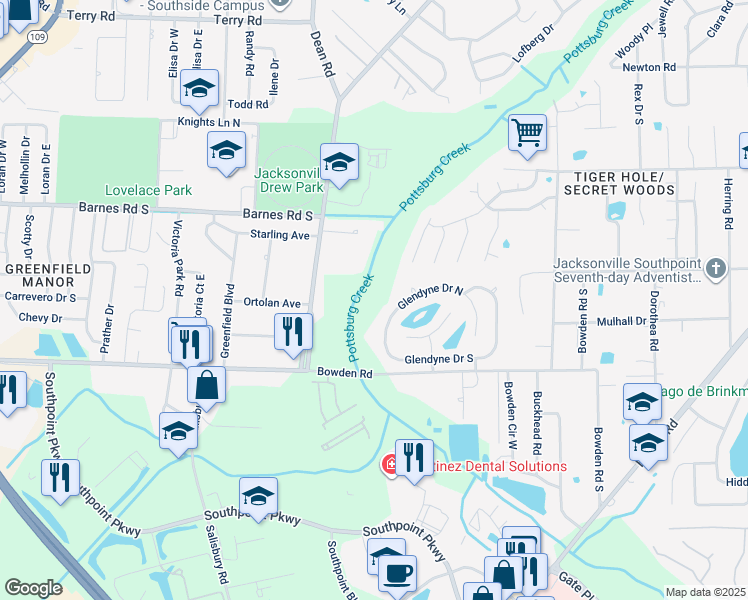 map of restaurants, bars, coffee shops, grocery stores, and more near 3218 Glendyne Drive West in Jacksonville