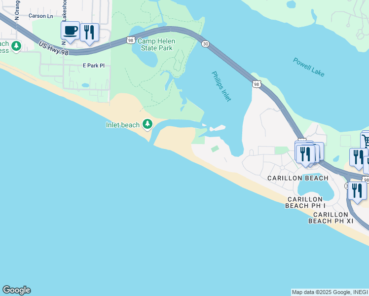 map of restaurants, bars, coffee shops, grocery stores, and more near Unnamed Road in Panama City Beach