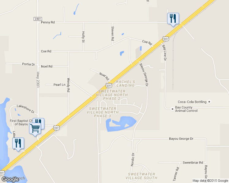 map of restaurants, bars, coffee shops, grocery stores, and more near 7209 Lake Suzzanne Way in Panama City