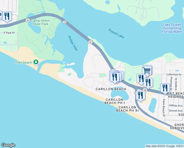 map of restaurants, bars, coffee shops, grocery stores, and more near 127 Cottage Court in Panama City Beach