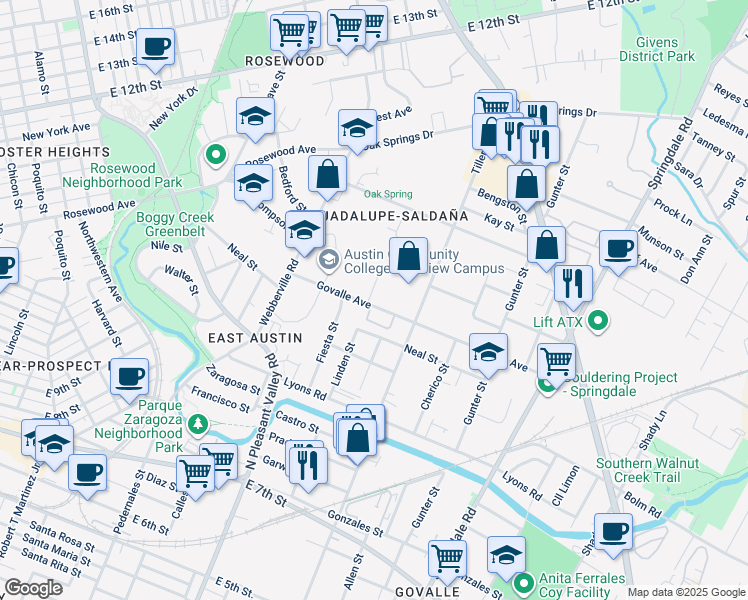 map of restaurants, bars, coffee shops, grocery stores, and more near 3000 Govalle Avenue in Austin