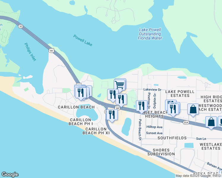 map of restaurants, bars, coffee shops, grocery stores, and more near 22822 Lakeview Drive in Panama City Beach