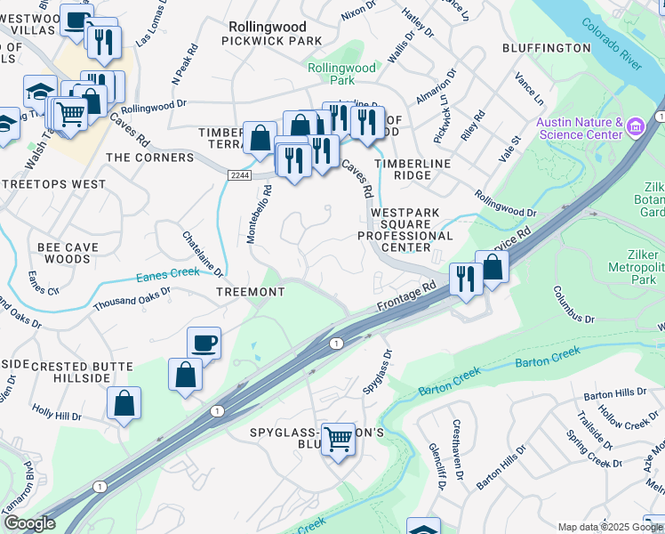 map of restaurants, bars, coffee shops, grocery stores, and more near 1001 Land Creek Cove in Austin