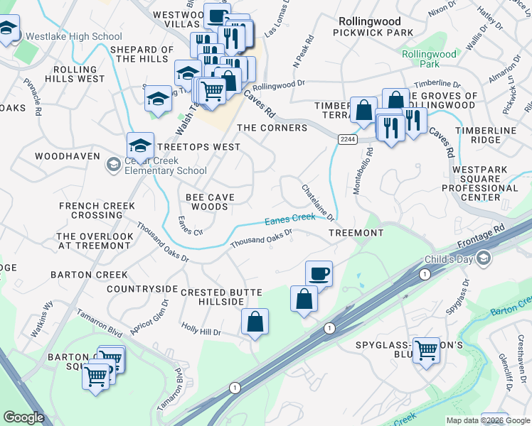 map of restaurants, bars, coffee shops, grocery stores, and more near 1217 Tamranae Court in Austin