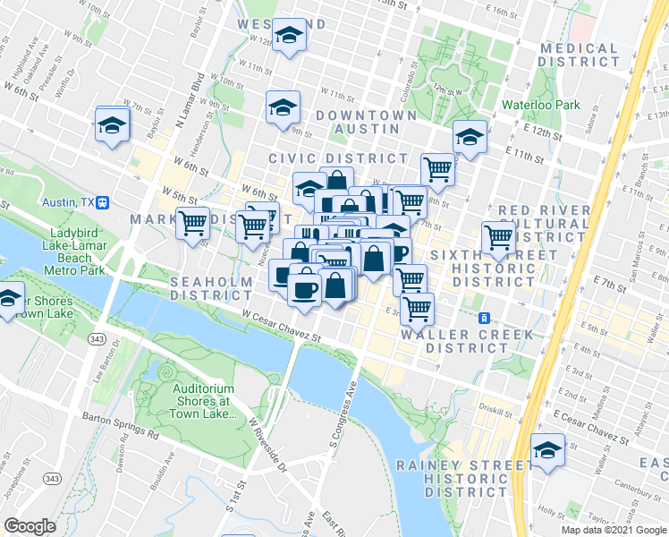 map of restaurants, bars, coffee shops, grocery stores, and more near Lavaca Street & West 4th Street in Austin