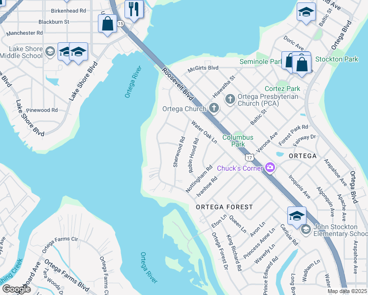 map of restaurants, bars, coffee shops, grocery stores, and more near 4247 Sherwood Road in Jacksonville
