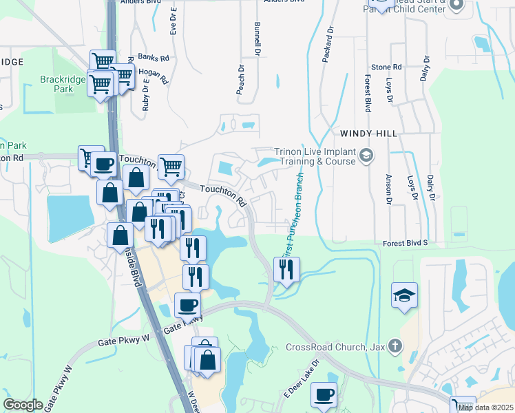 map of restaurants, bars, coffee shops, grocery stores, and more near 4435 Touchton Road in Jacksonville