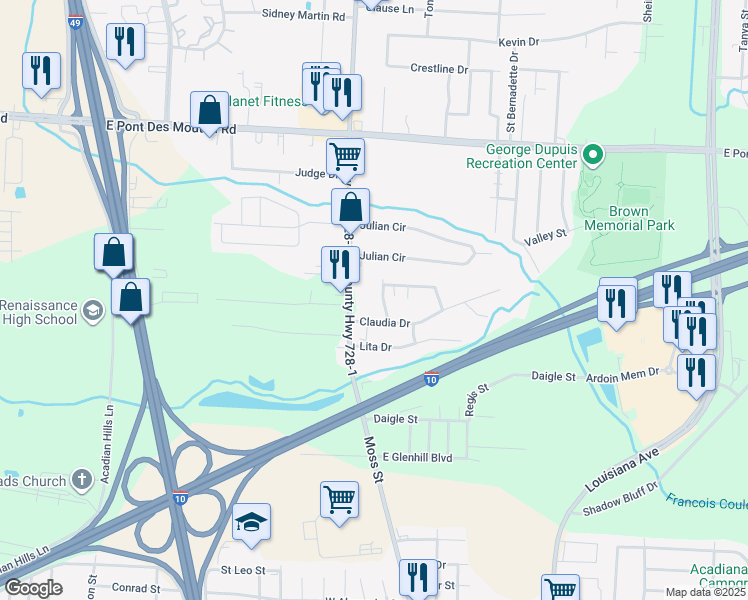 map of restaurants, bars, coffee shops, grocery stores, and more near 103 Hillcrest Drive in Lafayette