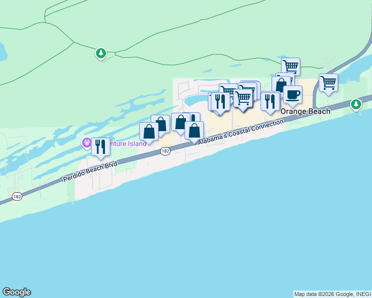 map of restaurants, bars, coffee shops, grocery stores, and more near 25042 Perdido Beach Boulevard in Orange Beach