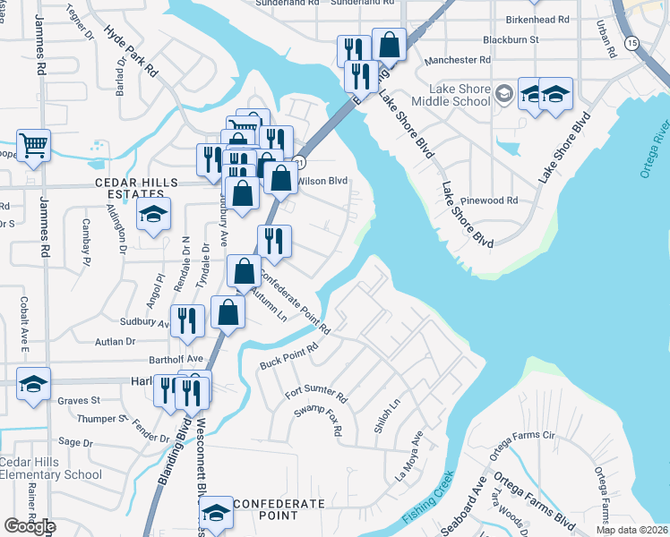 map of restaurants, bars, coffee shops, grocery stores, and more near 3819 Cedar Forest Drive East in Jacksonville