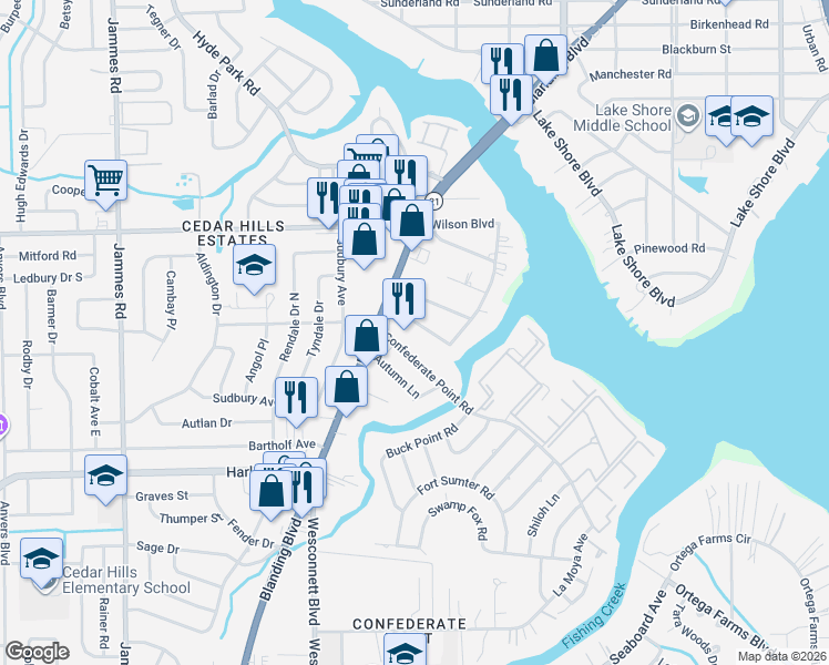 map of restaurants, bars, coffee shops, grocery stores, and more near 5754 Cedar Forest Drive South in Jacksonville