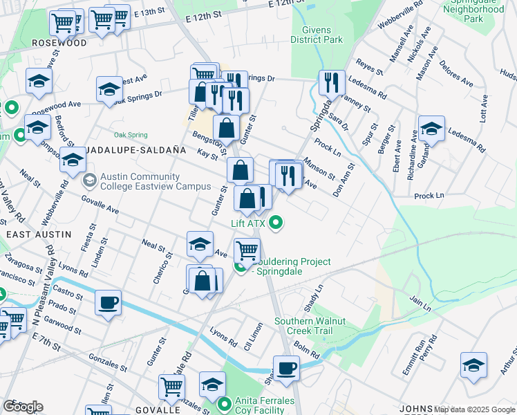 map of restaurants, bars, coffee shops, grocery stores, and more near 1002-1016 Springdale Road in Austin
