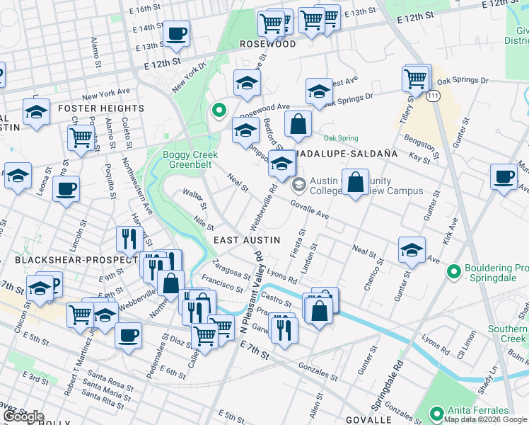 map of restaurants, bars, coffee shops, grocery stores, and more near 3008 Webberville Road in Austin
