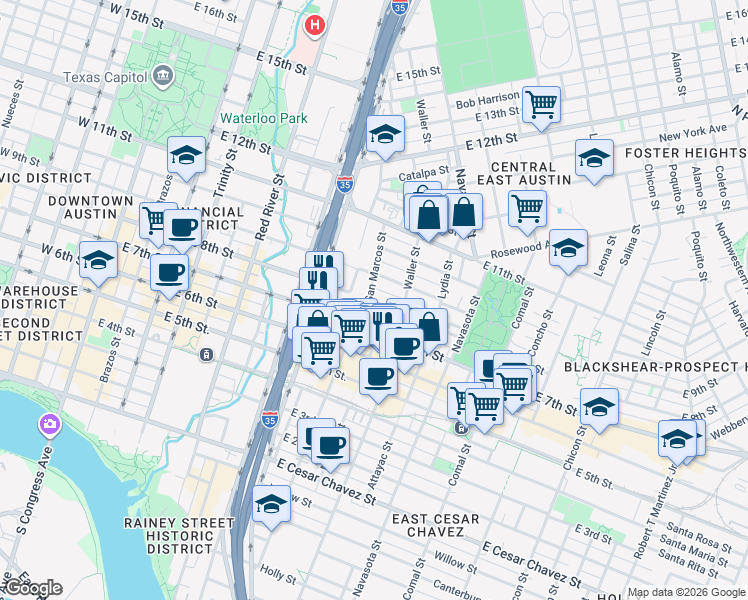 map of restaurants, bars, coffee shops, grocery stores, and more near 1000 East 8th Street in Austin