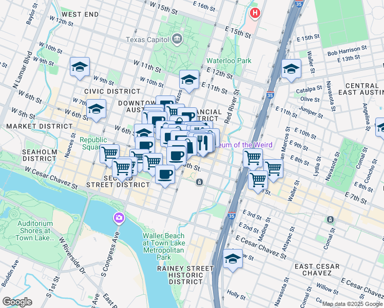map of restaurants, bars, coffee shops, grocery stores, and more near 418 East 6th Street in Austin
