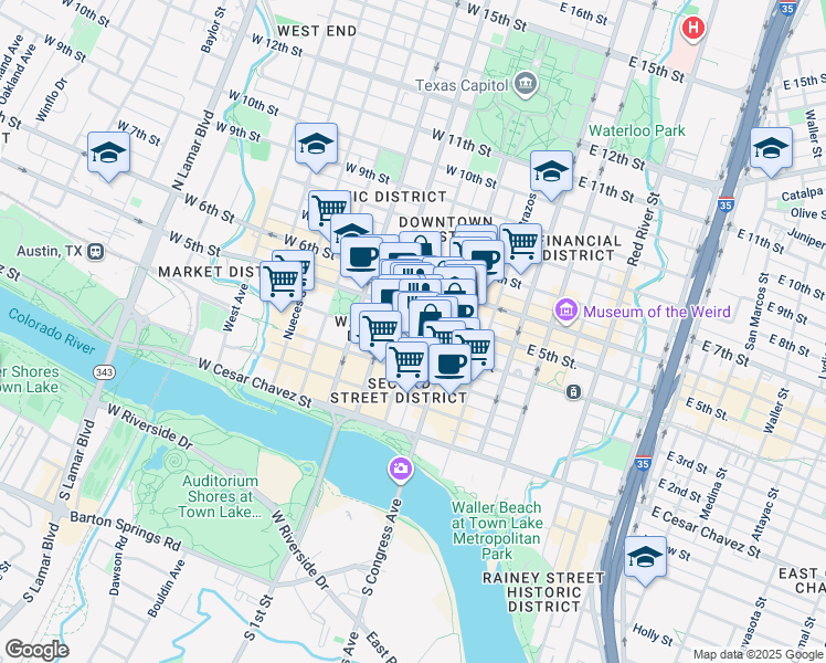 map of restaurants, bars, coffee shops, grocery stores, and more near 407 Colorado Street in Austin
