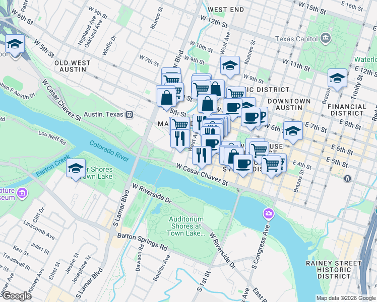 map of restaurants, bars, coffee shops, grocery stores, and more near 100 West Avenue in Austin