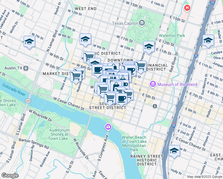 map of restaurants, bars, coffee shops, grocery stores, and more near 405 Colorado Street in Austin