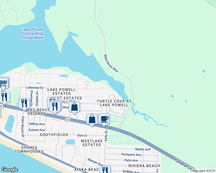 map of restaurants, bars, coffee shops, grocery stores, and more near 21900 Lakeview Drive in Panama City Beach