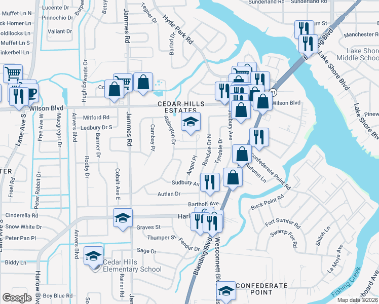 map of restaurants, bars, coffee shops, grocery stores, and more near 6146 Cedar Hills Boulevard in Jacksonville