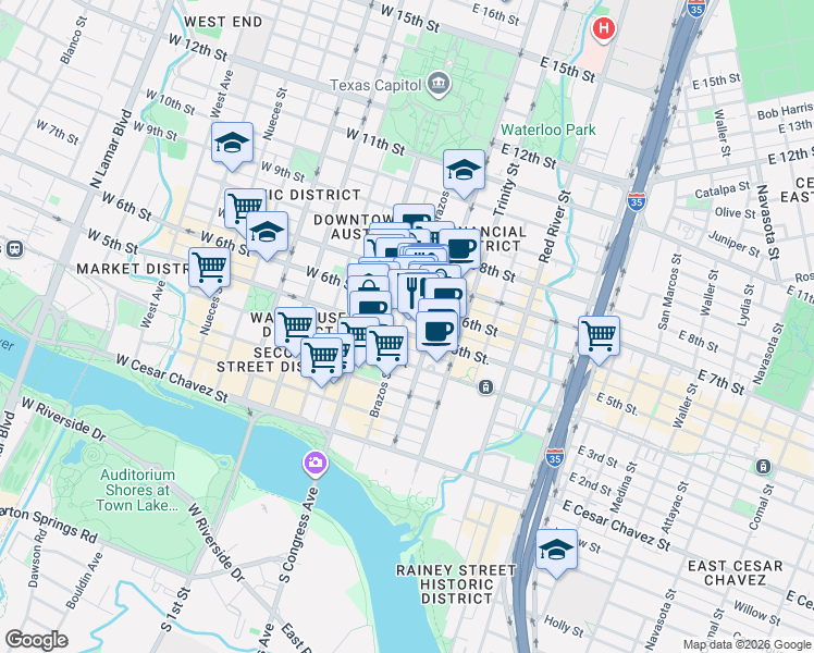 map of restaurants, bars, coffee shops, grocery stores, and more near 501 Brazos Street in Austin