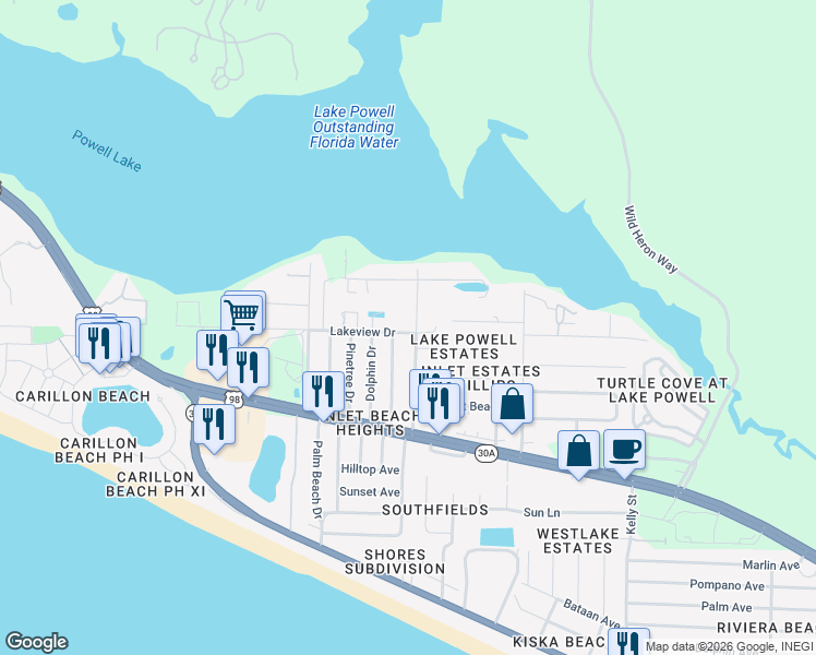 map of restaurants, bars, coffee shops, grocery stores, and more near 705 Gulf View Drive in Panama City Beach
