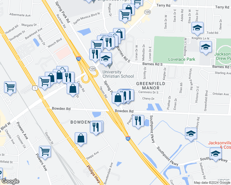 map of restaurants, bars, coffee shops, grocery stores, and more near 5725 Spring Park Road in Jacksonville