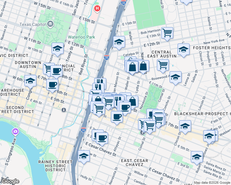map of restaurants, bars, coffee shops, grocery stores, and more near 803 San Marcos Street in Austin