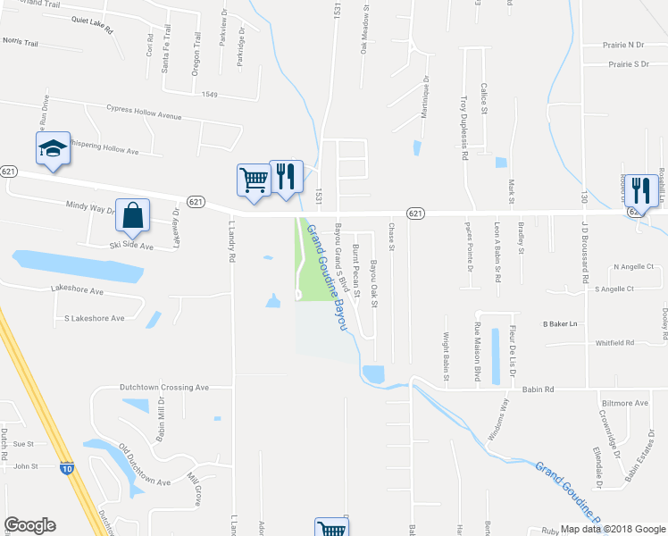 map of restaurants, bars, coffee shops, grocery stores, and more near 13461 Bayou Grand South Boulevard in Gonzales