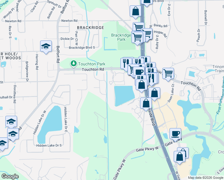 map of restaurants, bars, coffee shops, grocery stores, and more near 8550 Touchton Road in Jacksonville