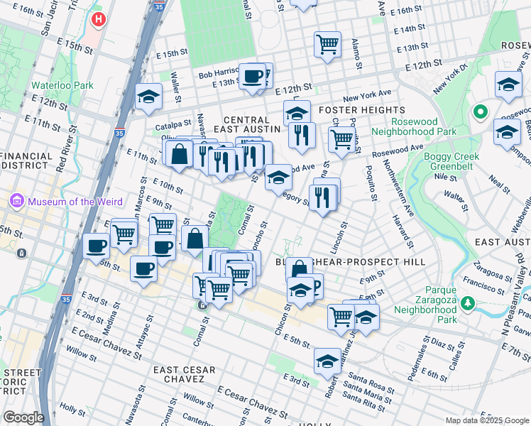 map of restaurants, bars, coffee shops, grocery stores, and more near 1611 East 11th Street in Austin