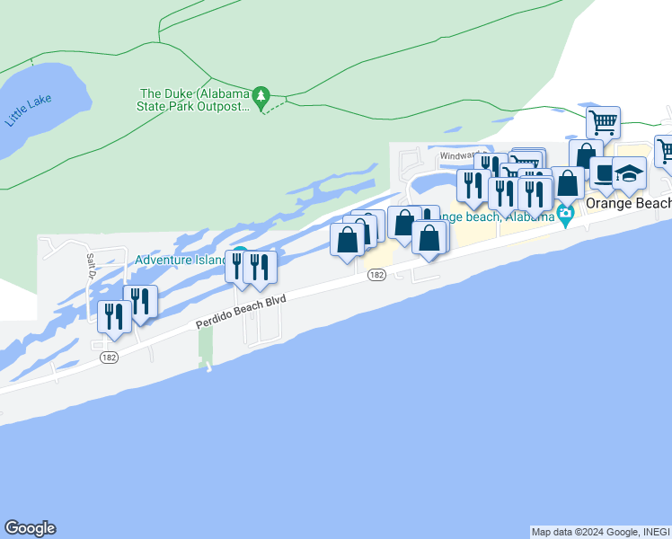 map of restaurants, bars, coffee shops, grocery stores, and more near 24825 Perdido Beach Boulevard in Orange Beach