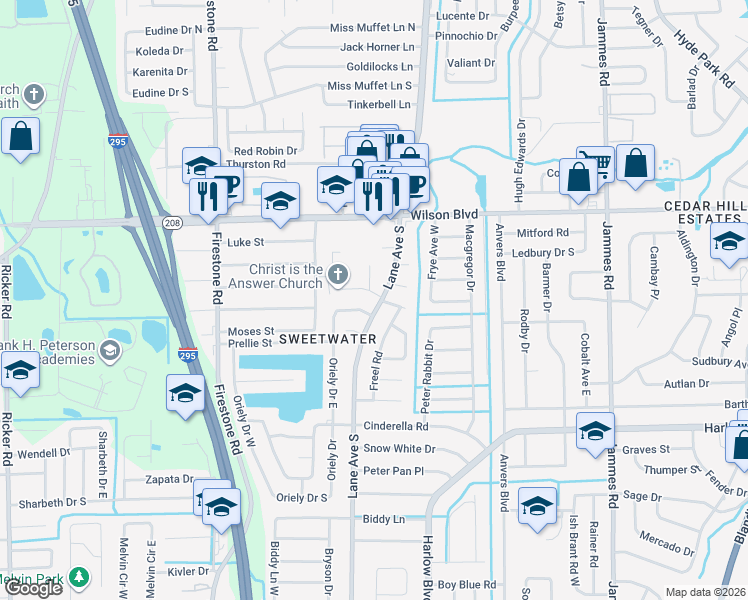 map of restaurants, bars, coffee shops, grocery stores, and more near 3808 Lane Avenue South in Jacksonville