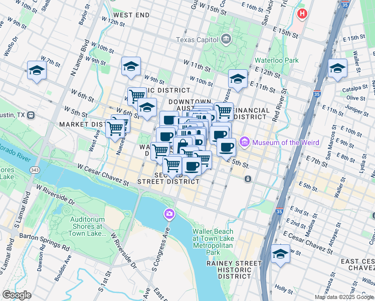 map of restaurants, bars, coffee shops, grocery stores, and more near in Austin