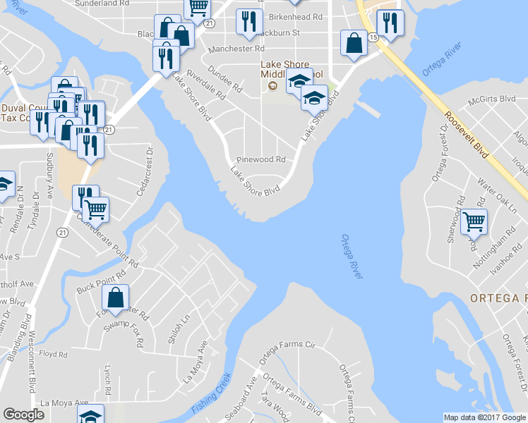 map of restaurants, bars, coffee shops, grocery stores, and more near 3000 Lake Shore Boulevard in Jacksonville