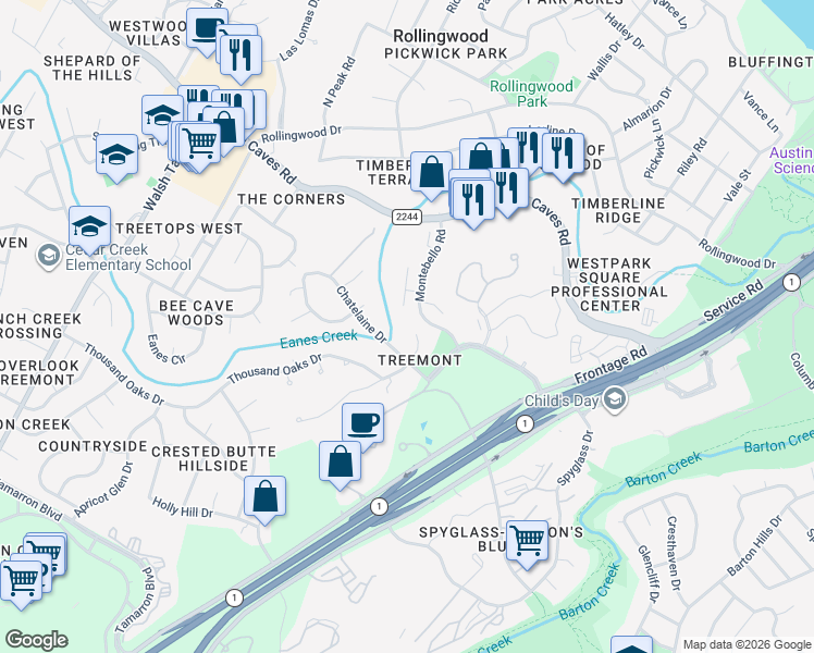 map of restaurants, bars, coffee shops, grocery stores, and more near 2704 Regents Park in Austin