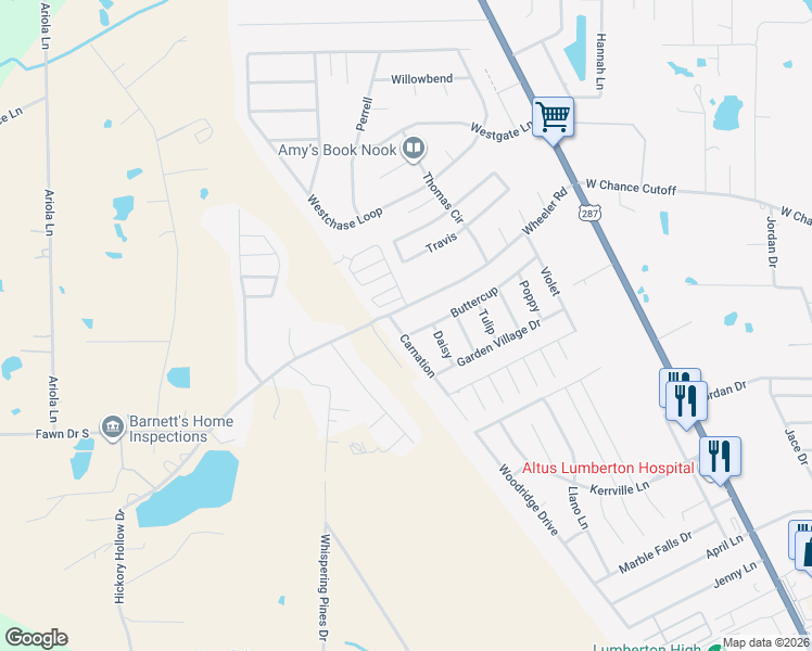 map of restaurants, bars, coffee shops, grocery stores, and more near 5505 Buttercup in Lumberton