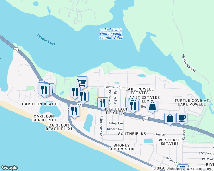 map of restaurants, bars, coffee shops, grocery stores, and more near 22702 Lakeview Drive in Panama City Beach
