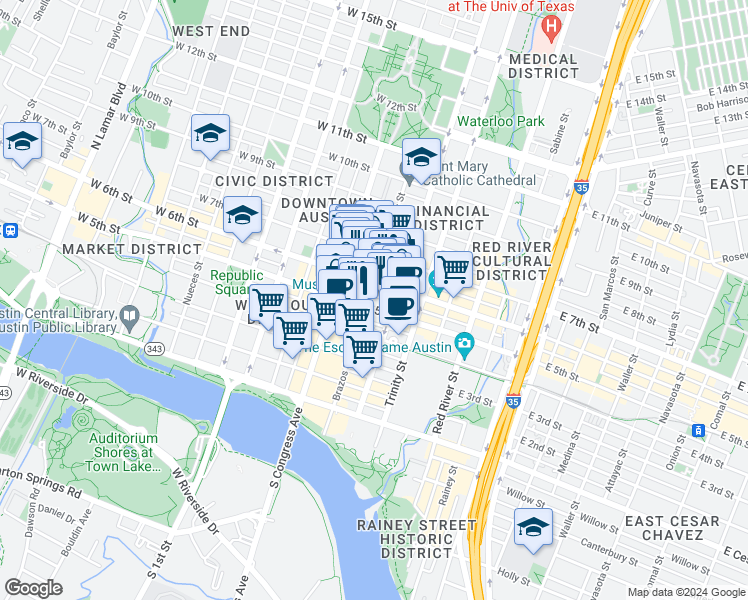 map of restaurants, bars, coffee shops, grocery stores, and more near 511 Brazos Street in Austin